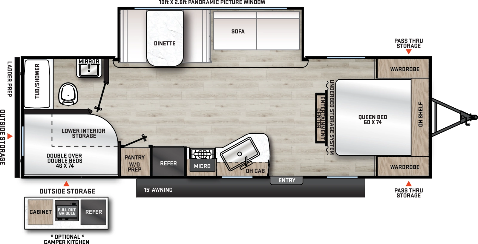 The Aurora 26BHS floorplan has one entry and one slide out. Exterior features include: metal exterior, 15' awning and outside kitchen. Interiors features include: bunk beds and front bedroom.